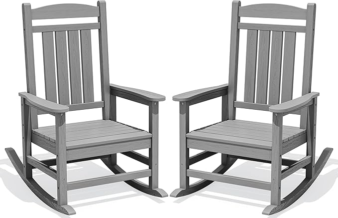 KINGYES HDPE Outdoor Rocking Chair Set of 2, All-Weather Patio Rocking Chair, Weather Resistant Porch Rocker for Adults, Light Gray
