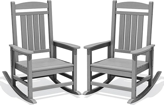 KINGYES HDPE Outdoor Rocking Chair Set of 2, All-Weather Patio Rocking Chair, Weather Resistant Porch Rocker for Adults, Light Gray
