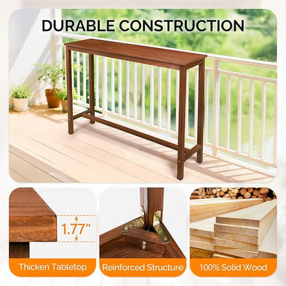 VINGLI Wooden Outdoor Bar Table, Wood Patio Counter Height Table, Weather-Resistant Patio Pub Table for Garden, Balcony, Poolside, Backyard, Indoor Use (Brown, 53")