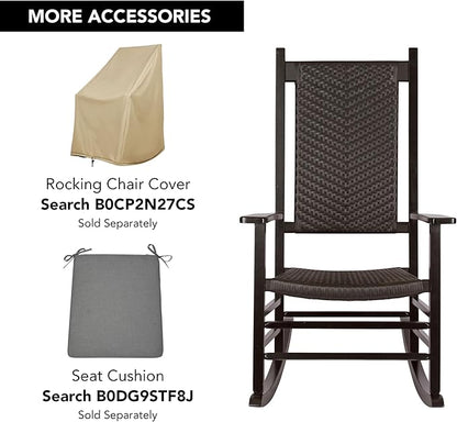Shine Company Hampton Porch Rocker, High Back Wood Rocking Chair, Rattan Backrest & Seat, Black