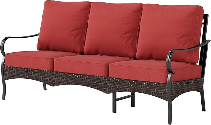 Wicker & Metal Outdoor Patio Couch, 3-Seat Patio Sofa with Deep Seating for Front Porch, Deck, Balcony, Backyard - Photo 8