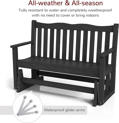 Stoog Outdoor Glider, All-Weather HIPS 2 Person Patio Glider Bench with 800 lbs Weight Capacity, Never Fade or Rot, for Garden, Backyard, Porch, and Deck, Black