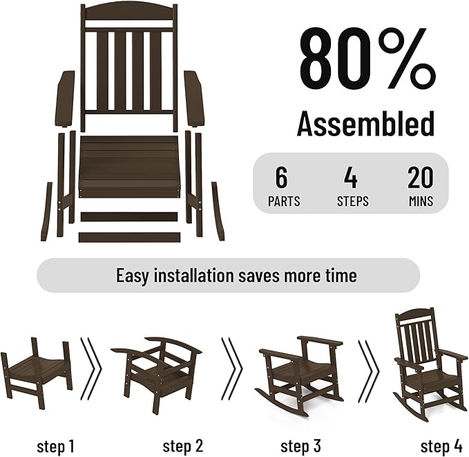 Outdoor Rocking Chairs Set of 6, Oversized High Back Patio Rocking Chairs, All Weather Porch Rocking Chairs for Outside. Coffee