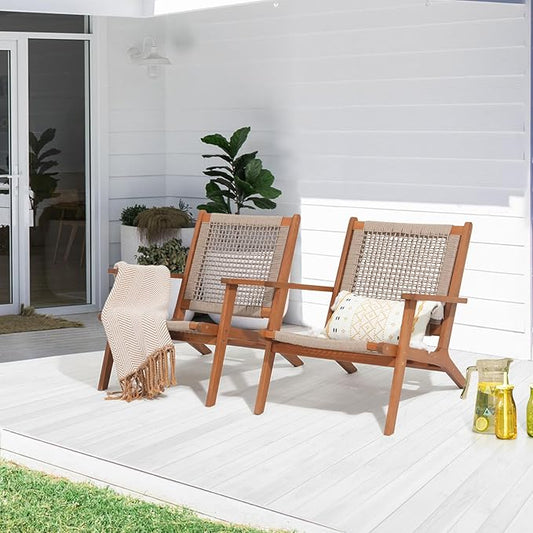 Verano Garden Set of 2 Patio Lounge Chair, Modern Acacia Wood Accent Armchair with Handwoven Rope for Patio,Living Room, Bedroom, Balcony (Beige)