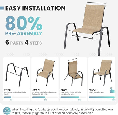 Patio Dining Chairs Set of 4, Outdoor High Stacking Chairs for All Weather, Breathable Seat Fabric and Alloy Steel Frame for Backyard, Porch, Garden (Brown)