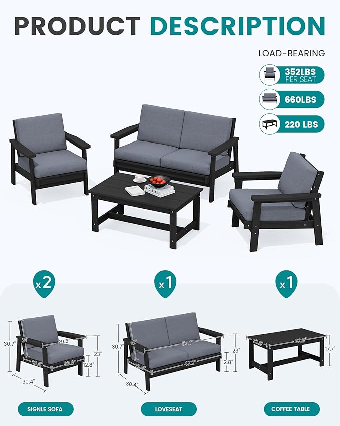 SERWALL 4 Piece HDPE Outdoor Furniture Set, All Weather Wood-Like Outdoor Sofa Sectional Couch - Photo 2
