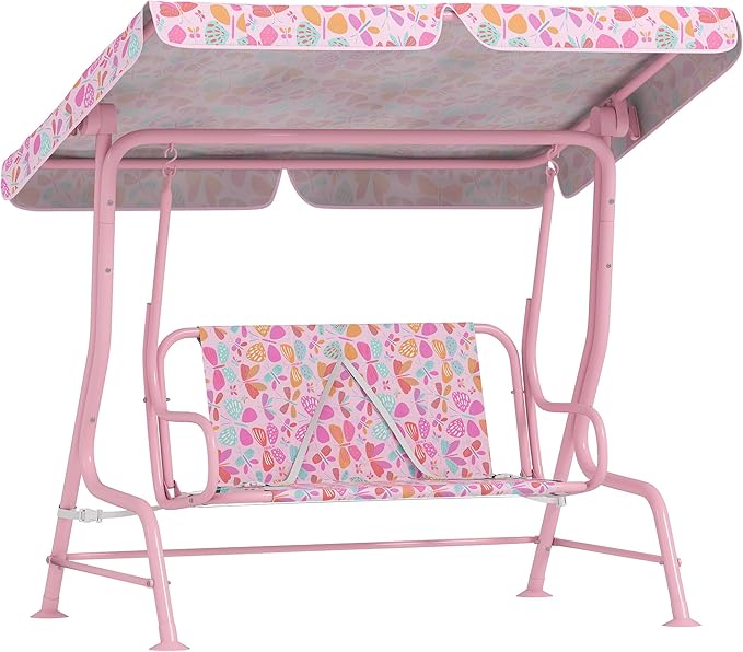 Qaba Kids Patio Swing, 2-Seater Outdoor Porch Swing Chair with Adjustable Canopy, Safety Belt, Pink Butterfly Pattern Hanging Swing Bench for Garden, Backyard, Pink
