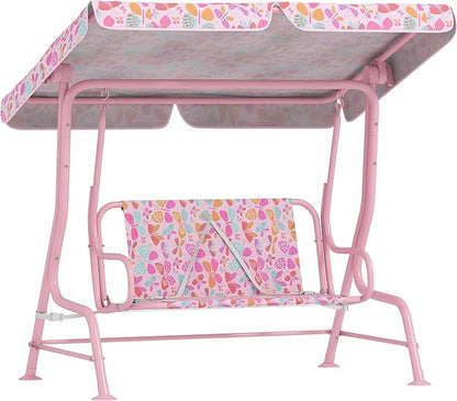 Qaba Kids Patio Swing, 2-Seater Outdoor Porch Swing Chair with Adjustable Canopy, Safety Belt, Pink Butterfly Pattern Hanging Swing Bench for Garden, Backyard, Pink