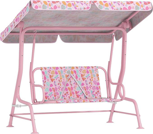 Qaba Kids Patio Swing, 2-Seater Outdoor Porch Swing Chair with Adjustable Canopy, Safety Belt, Pink Butterfly Pattern Hanging Swing Bench for Garden, Backyard, Pink