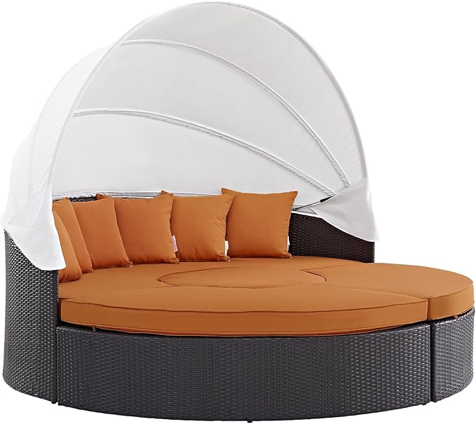 Modway Convene Wicker Rattan Outdoor Patio Retractable Canopy Round Poolside Sectional Sofa Daybed with Cushions in Espresso Orange