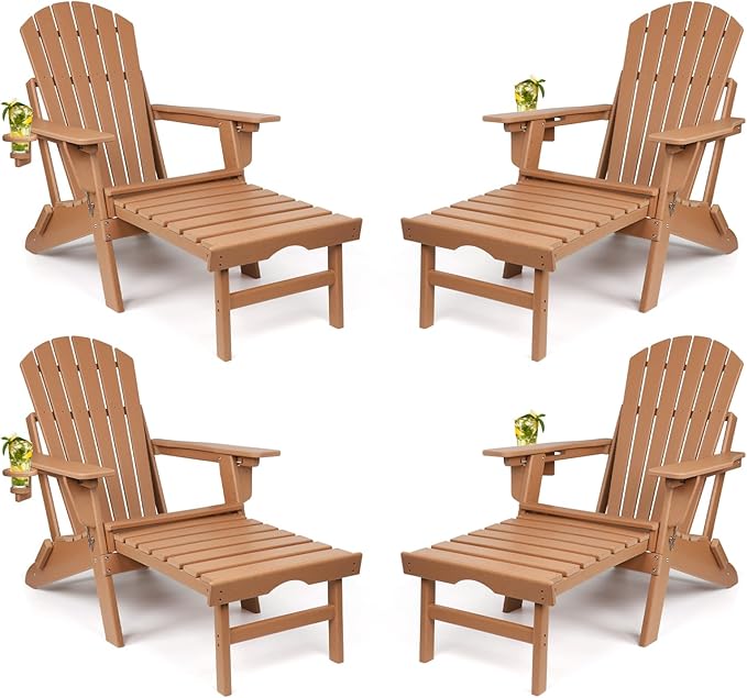 FUNBERRY Adjustable Folding Adirondack Chairs Set of 4 with Retractable Ottoman, All Weather Fire Pit Chairs with Cup Holder