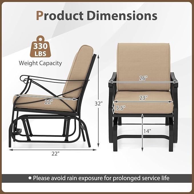 Tangkula Outdoor Glider Rocking Chair, Patio Gliding Chair Furniture with Metal Frame and Thick Cushions for Porch - Photo 3