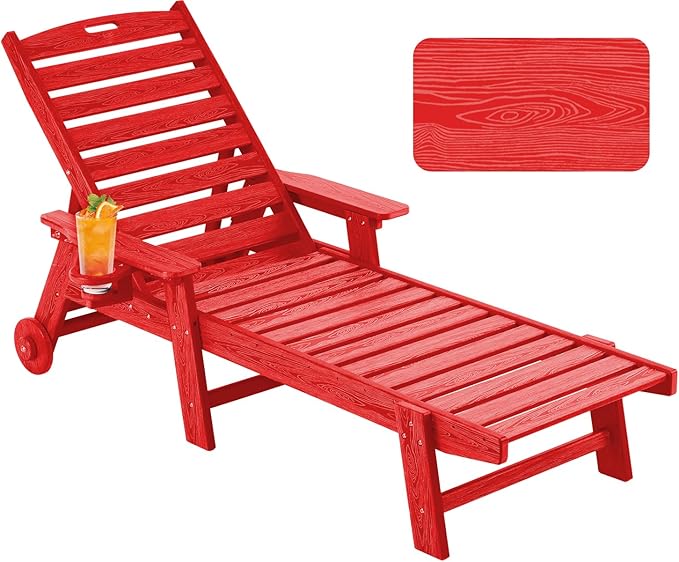 Chaise Lounge Chair Outdoor with Wheels, Oversize Patio Lounge Chairs with Wood Texture, 5-Position Plastic Lounge Chairs for Poolside, Patio, Deck, Beach(Red)