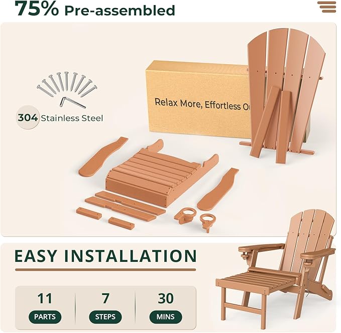 BRIOPAWS Adirondack-Chair-with-Pull-Out-Footrest | Folding | HDPE Plastic | Fire Pit Chairs | All Weather | Cup Holders | Curved Back | Retractable Ottoman | for Outdoor Deck Poolside | Teak