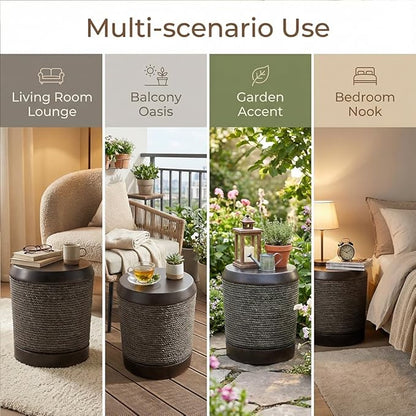 Outdoor Side Table Concrete End Table Faux Stone Side Tables with Braided Cord Small Round Coffee Tables for Indoor Outdoor, Garden Stool Plant Stand for Porch, Patio,Dark Brown