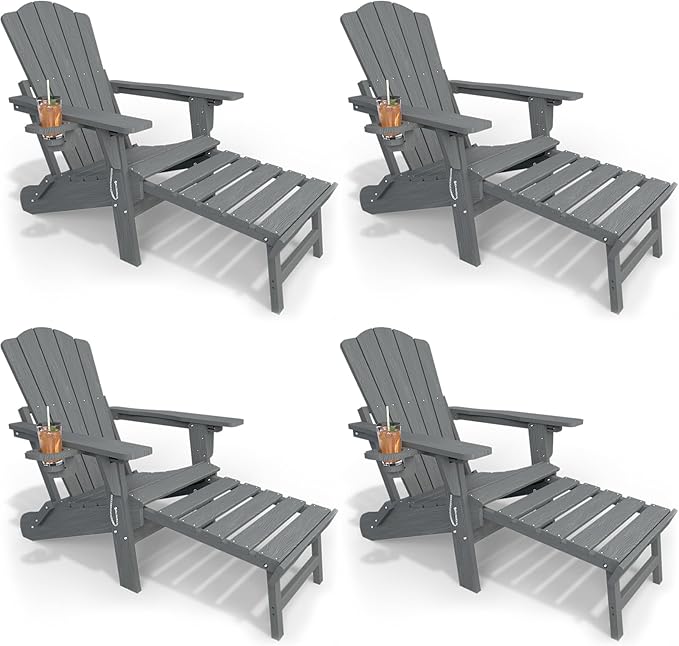 Adjustable Adirondack Chairs with Retractable Ottoman Set of 4, HDEP Folding Adirondack Chair with Footrest & Cup Holder, All Weather Fire Pit Chair for Outdoor,Grey
