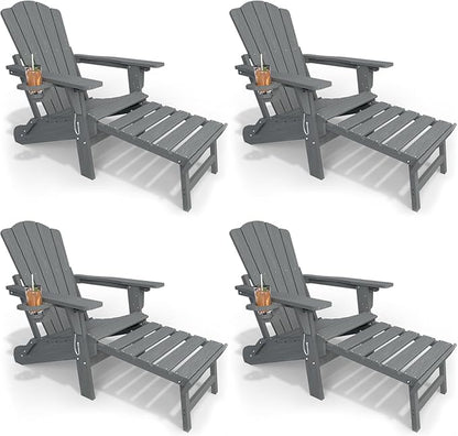 Adjustable Adirondack Chairs with Retractable Ottoman Set of 4, HDEP Folding Adirondack Chair with Footrest & Cup Holder, All Weather Fire Pit Chair for Outdoor,Grey