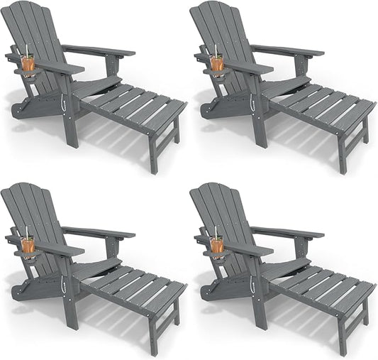 Adjustable Adirondack Chairs with Retractable Ottoman Set of 4, HDEP Folding Adirondack Chair with Footrest & Cup Holder, All Weather Fire Pit Chair for Outdoor,Grey