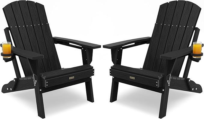 Folding Adirondack Chair Set of 2, Thicker Plate|Higher Back Plastic Adirondack Chairs with Cup Holder, Composite Chair Weather Resistant for Outdoor, Patio, Lawn, Fire Pit Chairs(Black)