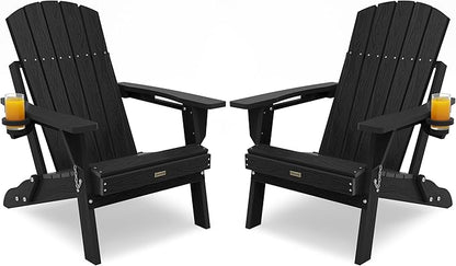 Folding Adirondack Chair Set of 2, Thicker Plate|Higher Back Plastic Adirondack Chairs with Cup Holder, Composite Chair Weather Resistant for Outdoor, Patio, Lawn, Fire Pit Chairs(Black)