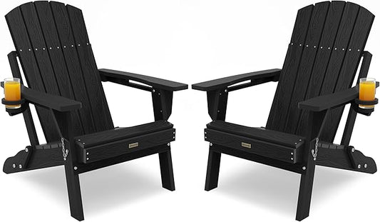 Folding Adirondack Chair Set of 2, Thicker Plate|Higher Back Plastic Adirondack Chairs with Cup Holder, Composite Chair Weather Resistant for Outdoor, Patio, Lawn, Fire Pit Chairs(Black)