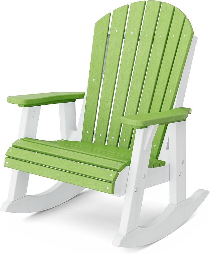 Wildridge Heritage Adirondack Rocking Chair, Lime Green and White - Outdoor Weather Resistant HDPE Rocking Chair for Patio, Deck, Fire Pit