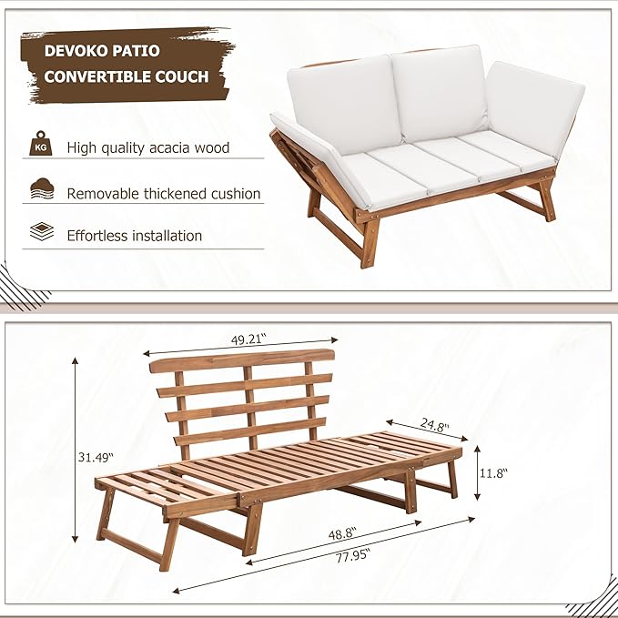 Devoko Outdoor Couch Acacia Wood Patio Couch with Adjustable Armrests - Photo 2