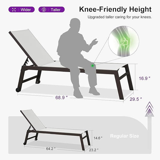 PURPLE LEAF Oversized Patio Lounge Chairs Set of 3, Reclining Pool Lounge Chairs with Side Table and Wheels for All Weather for Outdoor, Deck, Lawn, Aluminum Outside Pool, Linen
