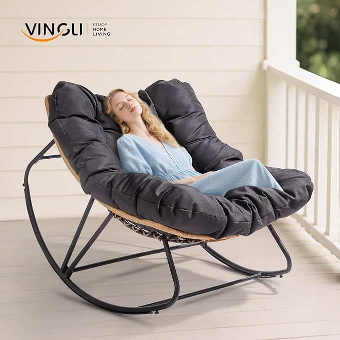 VINGLI Papason Rocking Chair Outdoor, Patio Rocking Chair with Cushion, Comfortable Lounge Chair Weatherproof for Garden, Yard, Outdoor/Indoor, Grey