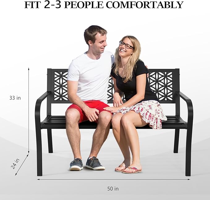 50" Outdoor Bench Metal with Floral Back, Garden Bench Front Porch Bench for Yard Patio Entryway Park Outside, 800lb Capacity - Black