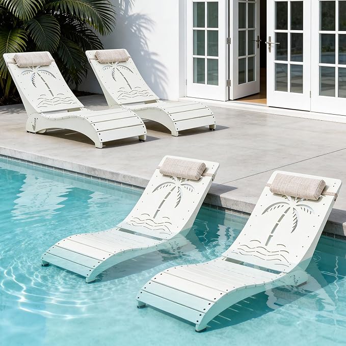 in Pool Lounge Chairs Set of 4, HDPE Pool Chaise Loungers for Sun Shelf up to 9 Inches, Fade-Resistant, 3-Position Adjustable Backrest with Headrest, Ergonomic Poolside Lounger, Teak