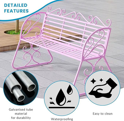 2-Seat Patio Porch Bench 45"，Outdoor Metal Garden Bench，Weather Proof Porch Path Chair，Patio Bench with Backrest and Armrests，Patio Bench for Lawn Path Yard Decor Deck Furniture(Pink)