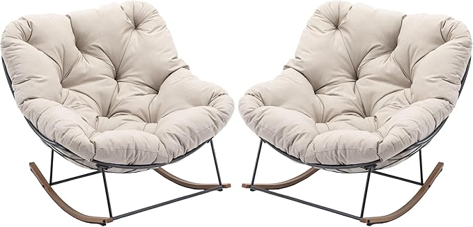 Outdoor Patio Rocking Chair, Oversized Papasan Chair with Cushion and Frame, Comfy Modern Rocker Egg Chair for Living Room, Garden Backyard,Beige2pc