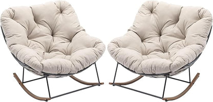 Outdoor Patio Rocking Chair, Oversized Papasan Chair with Cushion and Frame, Comfy Modern Rocker Egg Chair for Living Room, Garden Backyard,Beige2pc