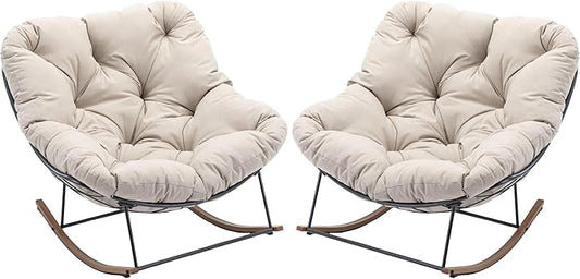 Outdoor Patio Rocking Chair, Oversized Papasan Chair with Cushion and Frame, Comfy Modern Rocker Egg Chair for Living Room, Garden Backyard,Beige2pc