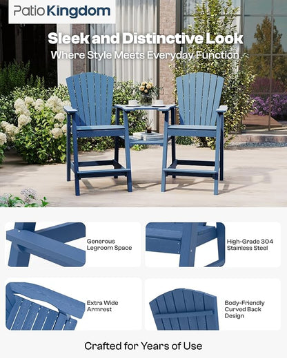 Tall Adirondack Chairs Set of 2, Bar Height HDPE Deck Chairs with Connecting Trays & Umbrella Hole, Weatherproof Patio Bar Stools for Balcony, Garden (Navy Blue)