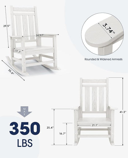 KINGYES Oversized Outdoor Rocking Chair, All-Weather Patio Rocking Chairs for Porch, HDPE Outdoor Patio Rockers with High Back & Wide Seat for Garden, Lawn, White