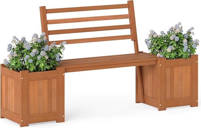Outdoor Planter Box with Bench, Teak Oil Finish Wood Seat with 2 Open-Ended Base Garden Beds & Backrest - Photo 1