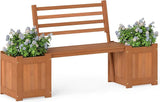 Outdoor Planter Box with Bench, Teak Oil Finish Wood Seat with 2 Open-Ended Base Garden Beds & Backrest - Photo 1