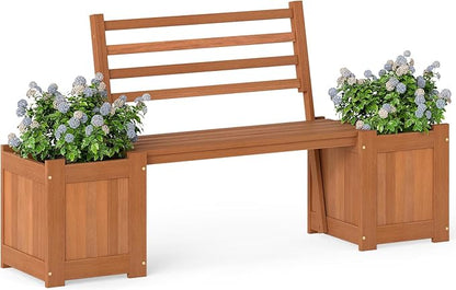 Outdoor Planter Box with Bench, Teak Oil Finish Wood Seat with 2 Open-Ended Base Garden Beds & Backrest, Decorative Plant Container for Yard, Balcony & Porch