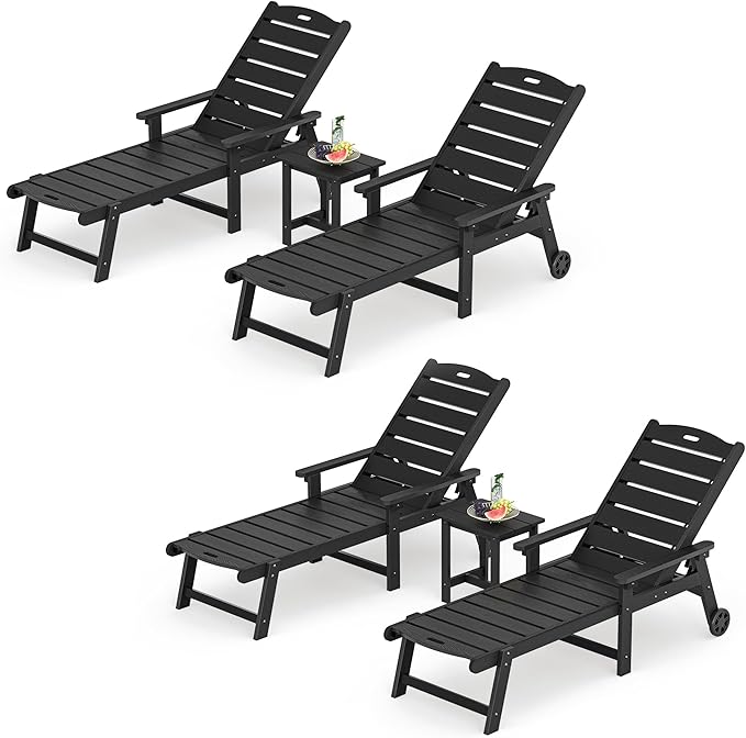 LUE BONA Chaise Lounge Chair with Table, 6-Piece, HDPS Chaise Lounger, 5 Positions Adjustable Lounge Chairs - Photo 1