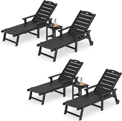 LUE BONA Chaise Lounge Chair with Table, 6-Piece, HDPS Chaise Lounger, 5 Positions Adjustable Lounge Chairs, Pool Lounge Chair with Wheels for Poolside, Backyard, Black