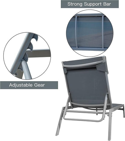 Domi Patio Chaise Lounge Set, Classic Pool Lounge Chairs with 5 Adjustable Posation, Breathable Textilene Fabric, Headrest and Table, Steel Frame Pool Chairs, Grey