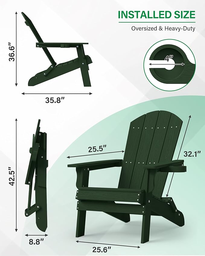 YEFU Adirondack Chair, Oversized Plastic Adirondack Chair Folding Outdoor Chairs with Cup Holder - Photo 3