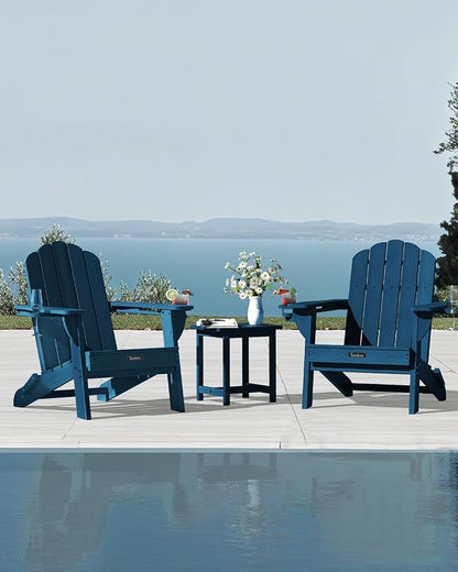 Adirondack Chairs Set of 2, Wood Texture Fire Pit Chairs, Plastic Adirondack Chairs with 2 Cup Holder, Outdoor Lawn Chair for Patio Garden, Navy Blue
