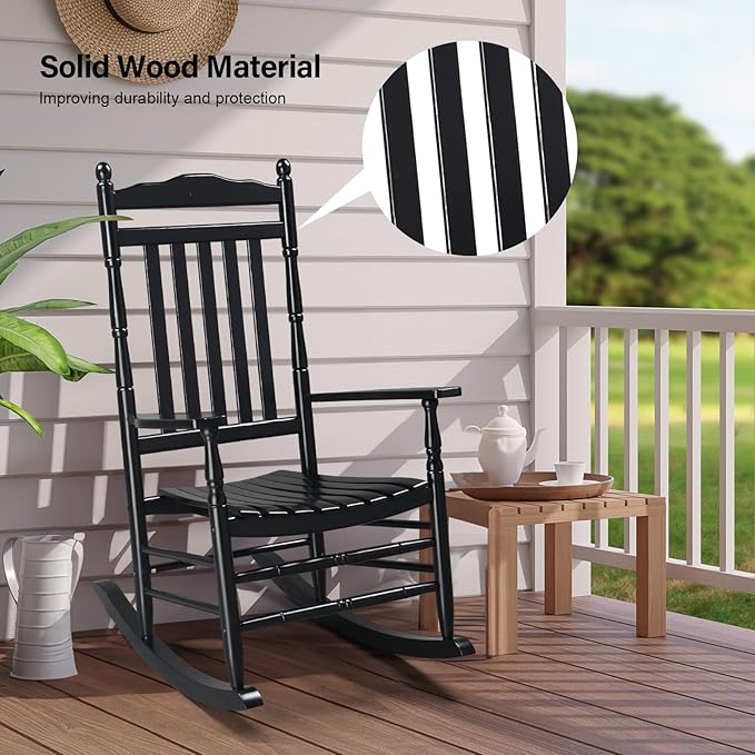 VINGLI Wooden Rocking Chair Outdoor, Patio Rockers with High Back, Support 450 LBS Rocking Chairs, for Porch, Patio, Balcony, Garden, Yard (Black, 1 PC)