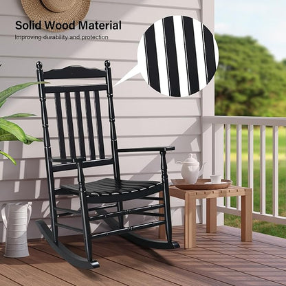 VINGLI Wooden Rocking Chair, Outdoor Chair with 450 lbs Support, Relaxing Rocker with Solid Wood High Back Seat Reclining Seat for Deck, Garden, Backyard, Porch, Indoor or Outdoor Use (Black, 2PCS)