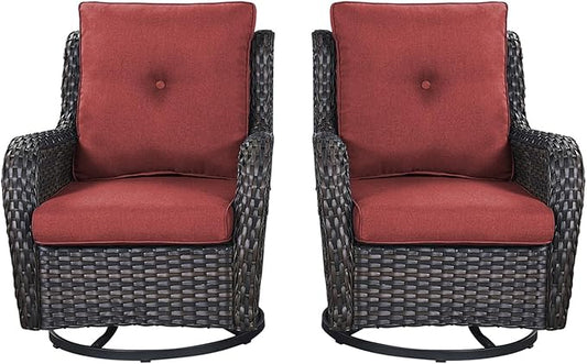 Rilyson Wicker Rocking Chair Swivel Chairs - 2 Piece Rocker Patio Chairs Set Rattan Rocking Chair for Outdoor Porch Deck Garden Backyard (Brown/Red)