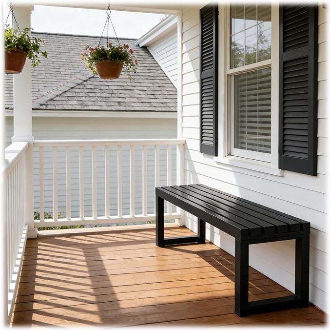 Outdoor Garden Bench, 2-Person Metal Patio Benches Weatherproof Outside Backless Bench 3.3ft 3.9ft 4.9ft 5.9ft Front Porch Seat Outdoor for Park, Yard, Lawn and Backyard Outside Chair(Black,4.9ft)
