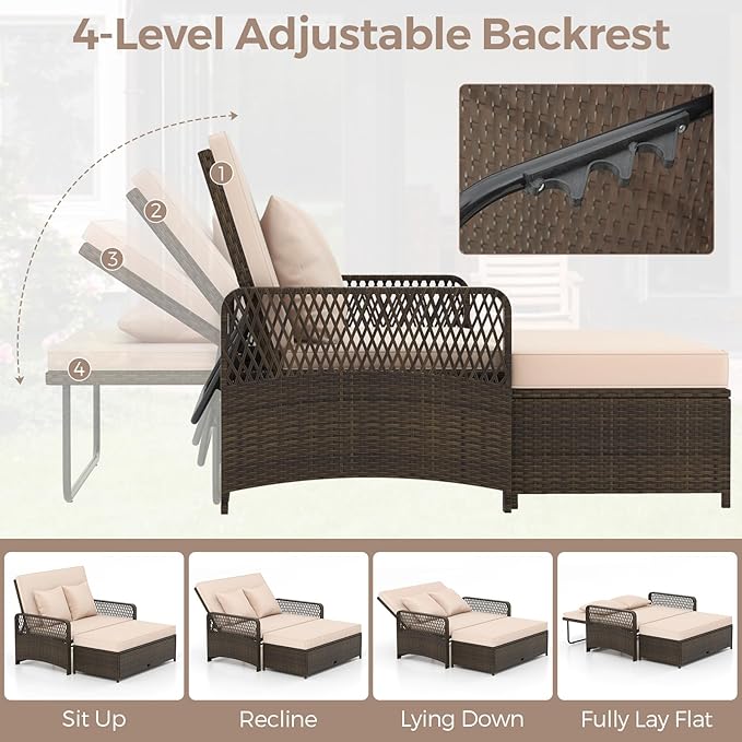 LDAILY Moccha Outdoor Daybed, PE Rattan Double Chaise Lounge w/ 4-Level Adjustable Back, Storage Ottoman, Cushions & Pillows, Separated Seating, Wicker Sunbed for Garden Patio Furniture Set (Beige)